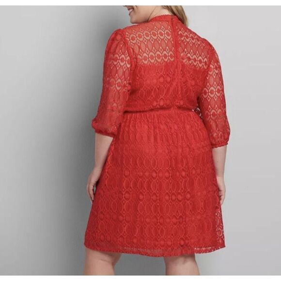 Lane Bryant Plus Size 16 MIDI FIT&FLARE MOCK NECK  RED EMBROIDERY LACE  Dress - Picture 2 of 5
